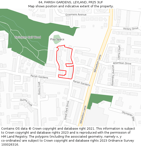 64, PARISH GARDENS, LEYLAND, PR25 3UF: Location map and indicative extent of plot