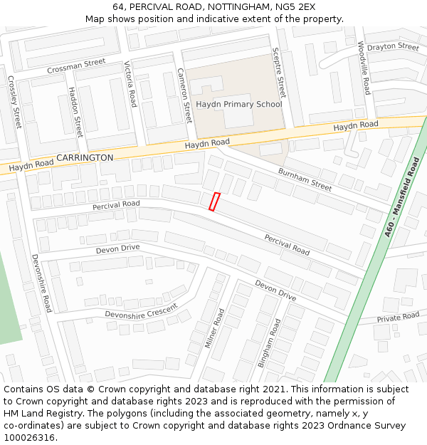 64, PERCIVAL ROAD, NOTTINGHAM, NG5 2EX: Location map and indicative extent of plot