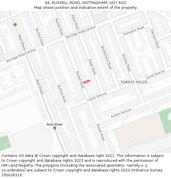 64, RUSSELL ROAD, NOTTINGHAM, NG7 6GZ: Location map and indicative extent of plot