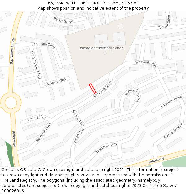 65, BAKEWELL DRIVE, NOTTINGHAM, NG5 9AE: Location map and indicative extent of plot