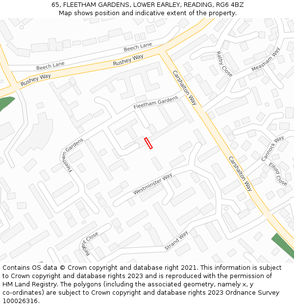 65, FLEETHAM GARDENS, LOWER EARLEY, READING, RG6 4BZ: Location map and indicative extent of plot