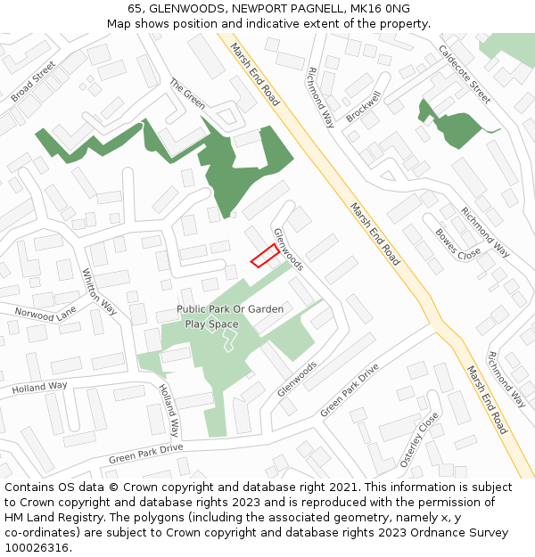 65, GLENWOODS, NEWPORT PAGNELL, MK16 0NG: Location map and indicative extent of plot