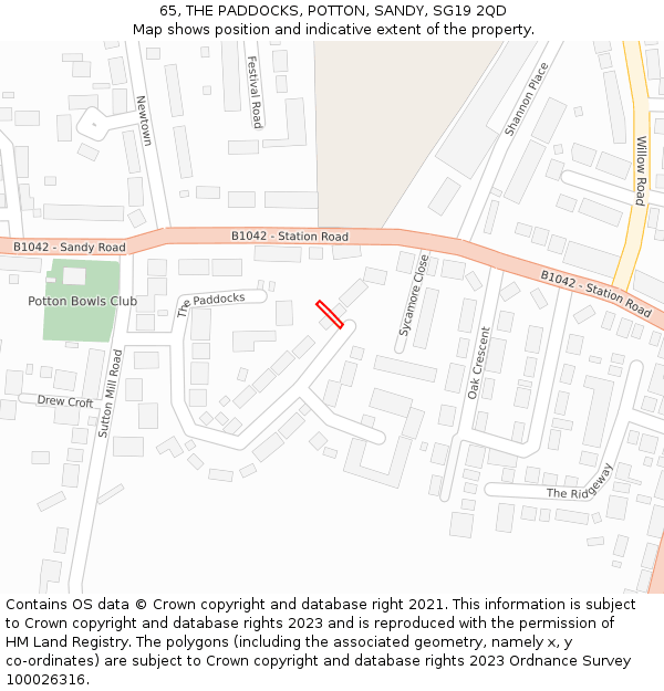65, THE PADDOCKS, POTTON, SANDY, SG19 2QD: Location map and indicative extent of plot