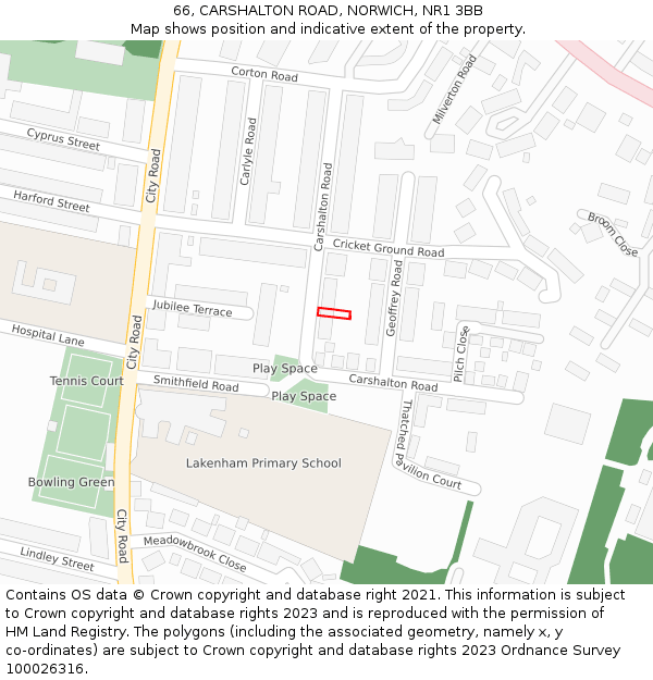 66, CARSHALTON ROAD, NORWICH, NR1 3BB: Location map and indicative extent of plot
