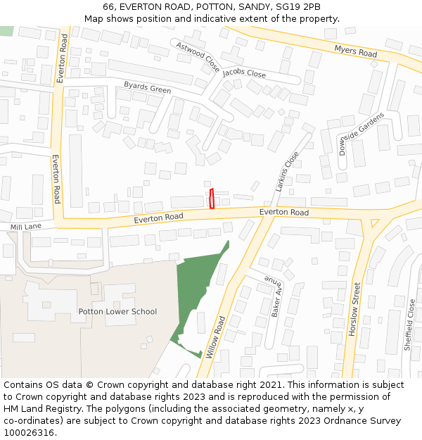 66, EVERTON ROAD, POTTON, SANDY, SG19 2PB: Location map and indicative extent of plot