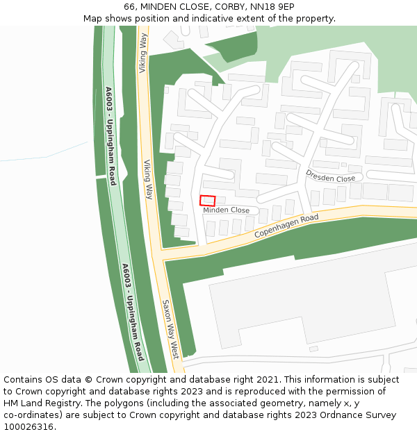 66, MINDEN CLOSE, CORBY, NN18 9EP: Location map and indicative extent of plot