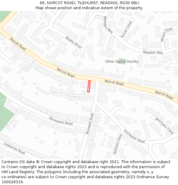 66, NORCOT ROAD, TILEHURST, READING, RG30 6BU: Location map and indicative extent of plot