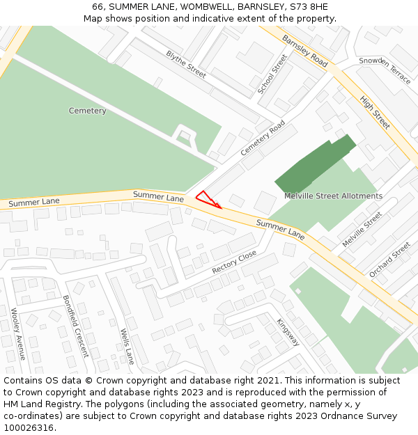 66, SUMMER LANE, WOMBWELL, BARNSLEY, S73 8HE: Location map and indicative extent of plot