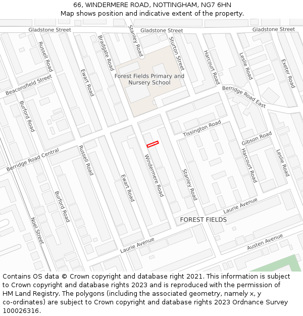 66, WINDERMERE ROAD, NOTTINGHAM, NG7 6HN: Location map and indicative extent of plot