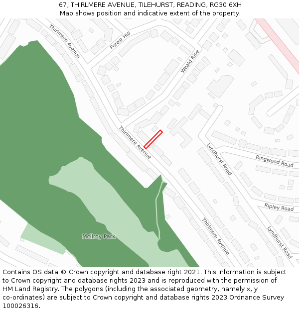 67, THIRLMERE AVENUE, TILEHURST, READING, RG30 6XH: Location map and indicative extent of plot