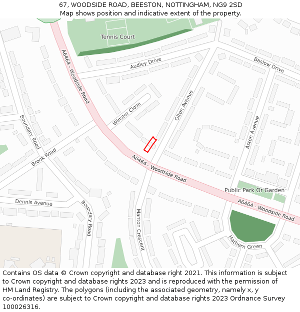 67, WOODSIDE ROAD, BEESTON, NOTTINGHAM, NG9 2SD: Location map and indicative extent of plot