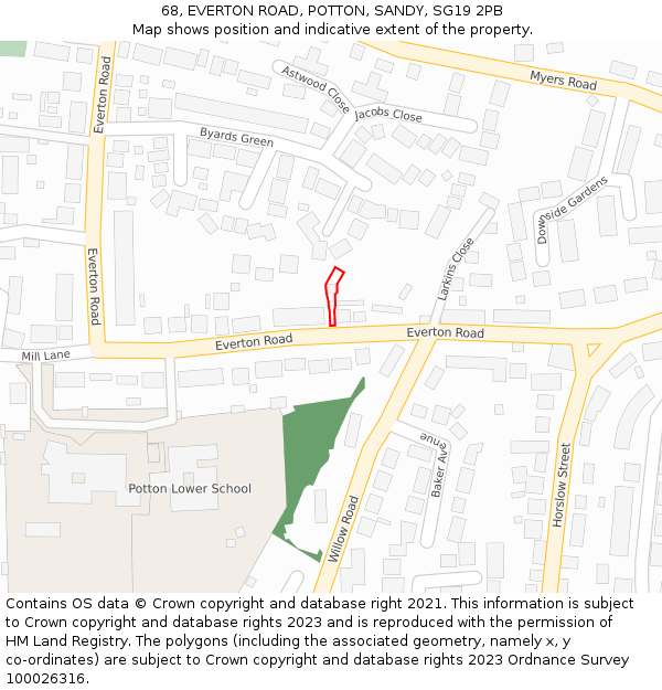 68, EVERTON ROAD, POTTON, SANDY, SG19 2PB: Location map and indicative extent of plot
