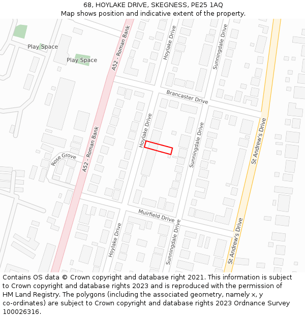 68, HOYLAKE DRIVE, SKEGNESS, PE25 1AQ: Location map and indicative extent of plot