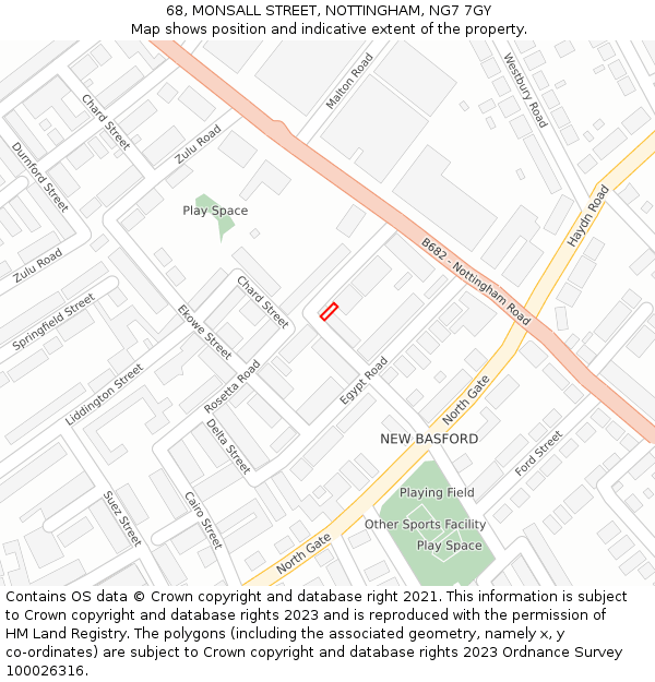68, MONSALL STREET, NOTTINGHAM, NG7 7GY: Location map and indicative extent of plot
