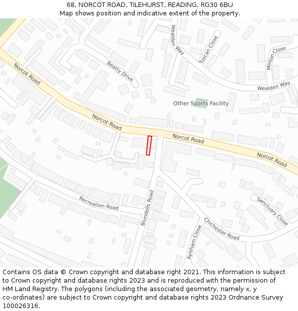 68, NORCOT ROAD, TILEHURST, READING, RG30 6BU: Location map and indicative extent of plot