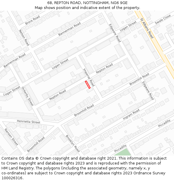 68, REPTON ROAD, NOTTINGHAM, NG6 9GE: Location map and indicative extent of plot
