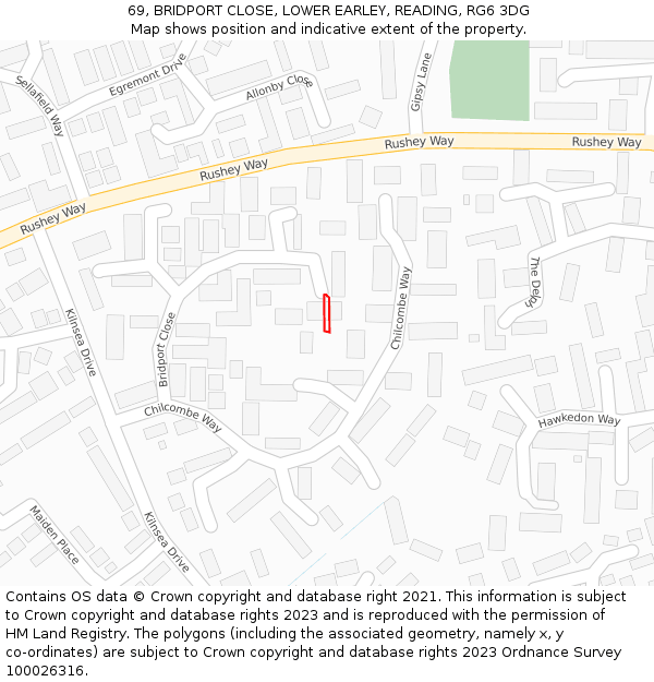 69, BRIDPORT CLOSE, LOWER EARLEY, READING, RG6 3DG: Location map and indicative extent of plot