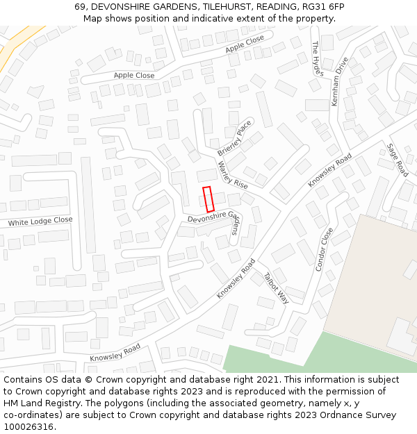 69, DEVONSHIRE GARDENS, TILEHURST, READING, RG31 6FP: Location map and indicative extent of plot