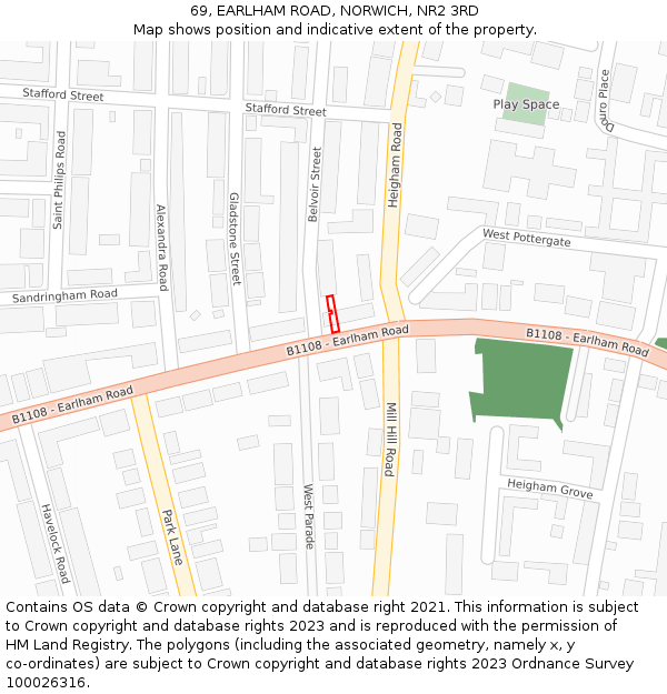 69, EARLHAM ROAD, NORWICH, NR2 3RD: Location map and indicative extent of plot
