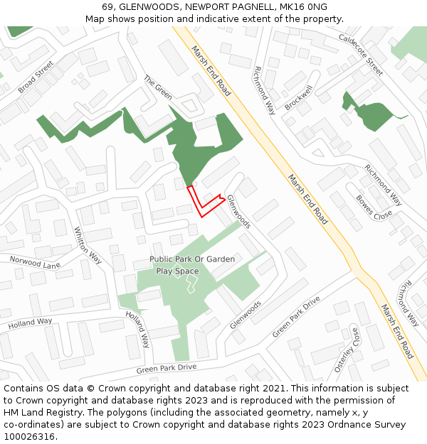 69, GLENWOODS, NEWPORT PAGNELL, MK16 0NG: Location map and indicative extent of plot