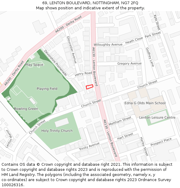 69, LENTON BOULEVARD, NOTTINGHAM, NG7 2FQ: Location map and indicative extent of plot