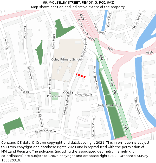 69, WOLSELEY STREET, READING, RG1 6AZ: Location map and indicative extent of plot