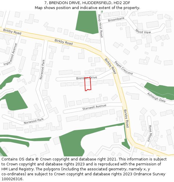 7, BRENDON DRIVE, HUDDERSFIELD, HD2 2DF: Location map and indicative extent of plot