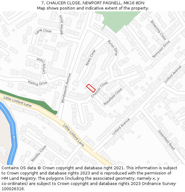 7, CHAUCER CLOSE, NEWPORT PAGNELL, MK16 8DN: Location map and indicative extent of plot