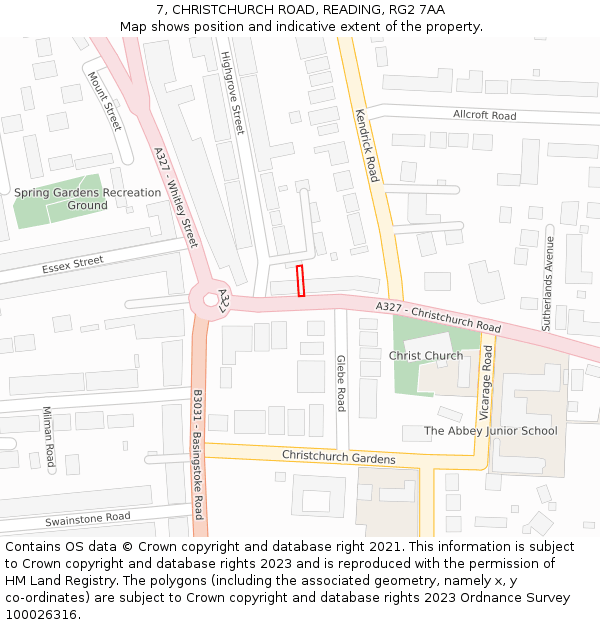 7, CHRISTCHURCH ROAD, READING, RG2 7AA: Location map and indicative extent of plot