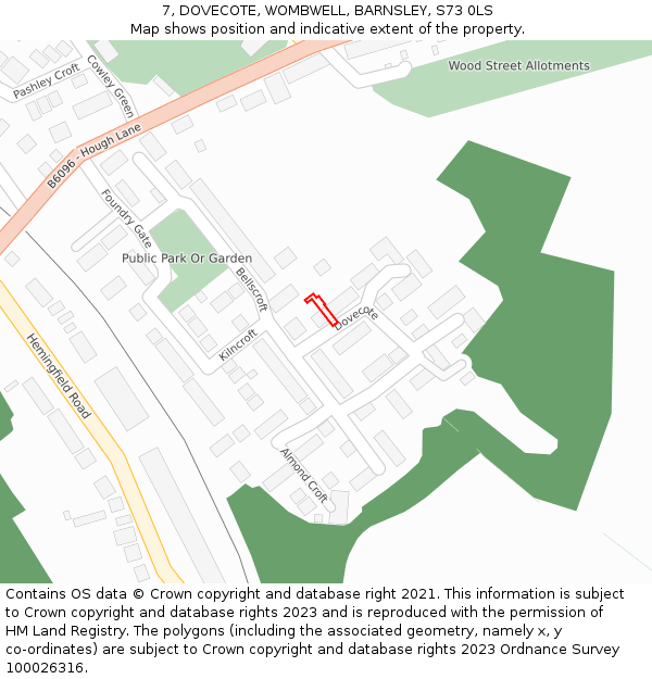 7, DOVECOTE, WOMBWELL, BARNSLEY, S73 0LS: Location map and indicative extent of plot