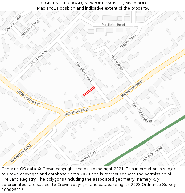 7, GREENFIELD ROAD, NEWPORT PAGNELL, MK16 8DB: Location map and indicative extent of plot