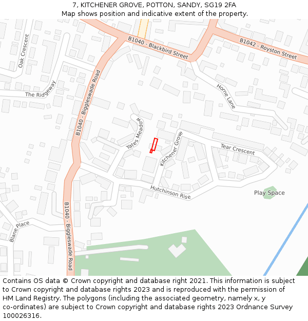 7, KITCHENER GROVE, POTTON, SANDY, SG19 2FA: Location map and indicative extent of plot