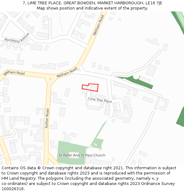 7, LIME TREE PLACE, GREAT BOWDEN, MARKET HARBOROUGH, LE16 7JE: Location map and indicative extent of plot