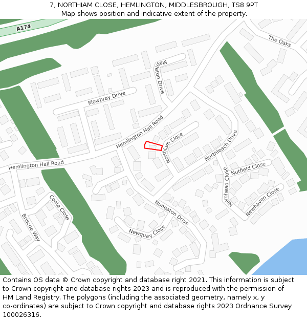 7, NORTHIAM CLOSE, HEMLINGTON, MIDDLESBROUGH, TS8 9PT: Location map and indicative extent of plot