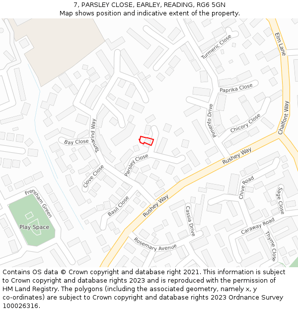 7, PARSLEY CLOSE, EARLEY, READING, RG6 5GN: Location map and indicative extent of plot