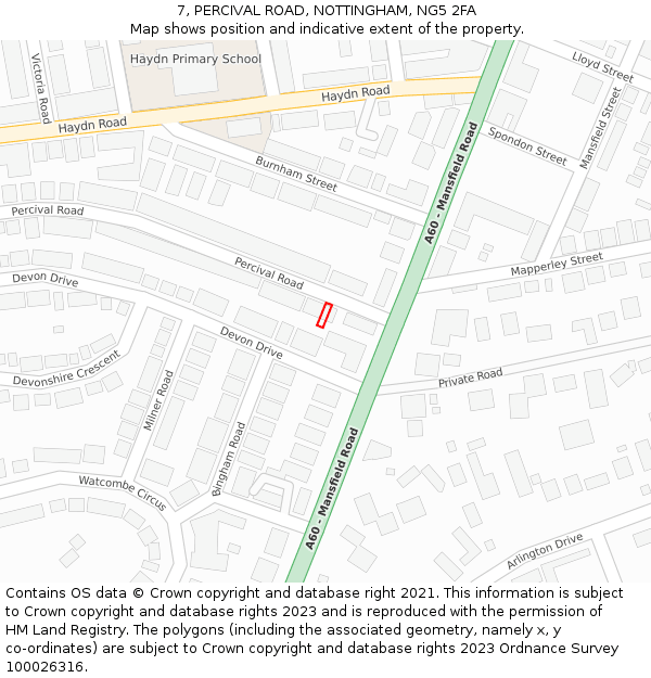 7, PERCIVAL ROAD, NOTTINGHAM, NG5 2FA: Location map and indicative extent of plot