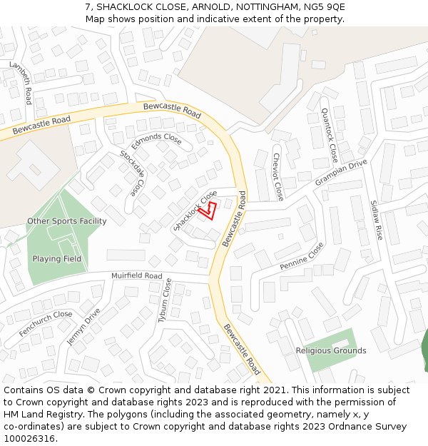 7, SHACKLOCK CLOSE, ARNOLD, NOTTINGHAM, NG5 9QE: Location map and indicative extent of plot