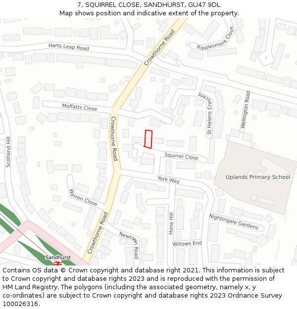 7, SQUIRREL CLOSE, SANDHURST, GU47 9DL: Location map and indicative extent of plot