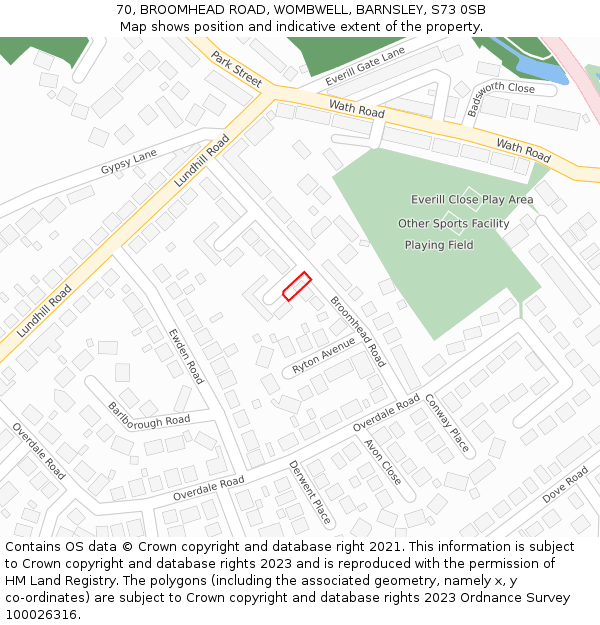 70, BROOMHEAD ROAD, WOMBWELL, BARNSLEY, S73 0SB: Location map and indicative extent of plot