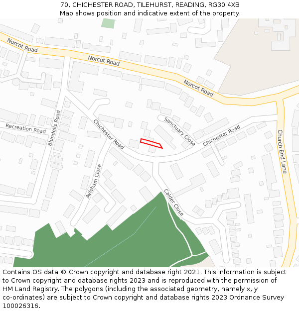70, CHICHESTER ROAD, TILEHURST, READING, RG30 4XB: Location map and indicative extent of plot