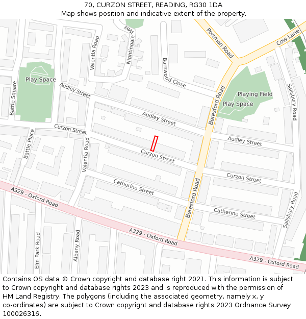 70, CURZON STREET, READING, RG30 1DA: Location map and indicative extent of plot