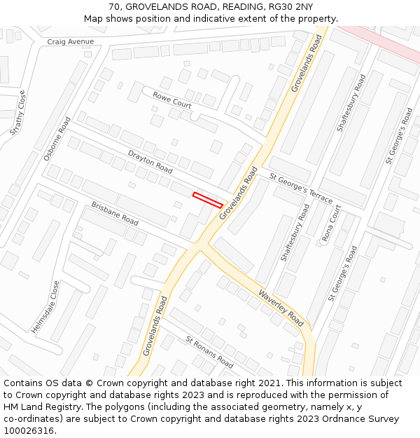70, GROVELANDS ROAD, READING, RG30 2NY: Location map and indicative extent of plot