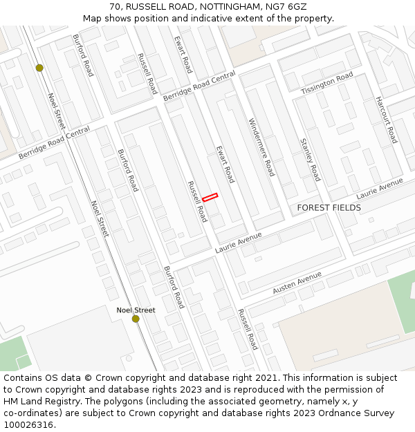 70, RUSSELL ROAD, NOTTINGHAM, NG7 6GZ: Location map and indicative extent of plot