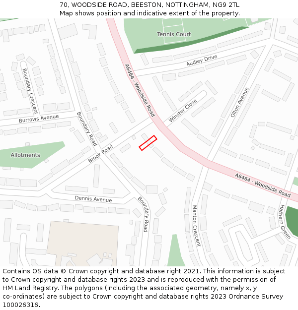 70, WOODSIDE ROAD, BEESTON, NOTTINGHAM, NG9 2TL: Location map and indicative extent of plot