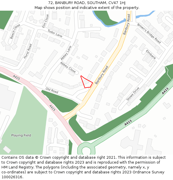 72, BANBURY ROAD, SOUTHAM, CV47 1HJ: Location map and indicative extent of plot