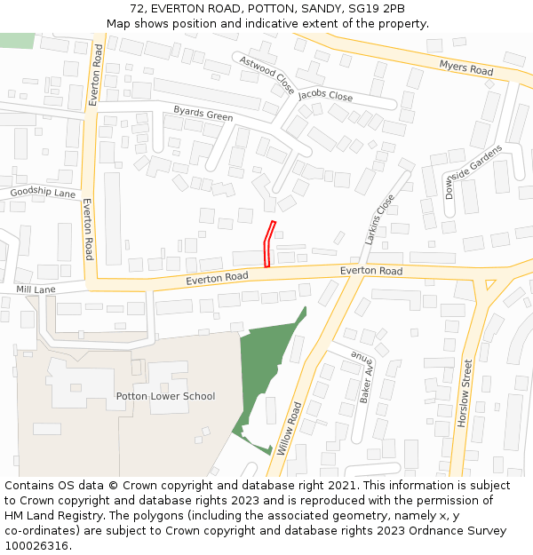 72, EVERTON ROAD, POTTON, SANDY, SG19 2PB: Location map and indicative extent of plot