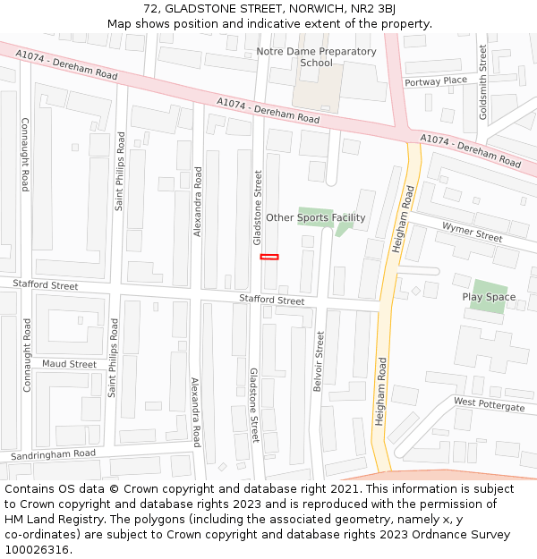 72, GLADSTONE STREET, NORWICH, NR2 3BJ: Location map and indicative extent of plot