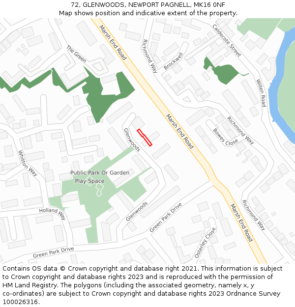 72, GLENWOODS, NEWPORT PAGNELL, MK16 0NF: Location map and indicative extent of plot