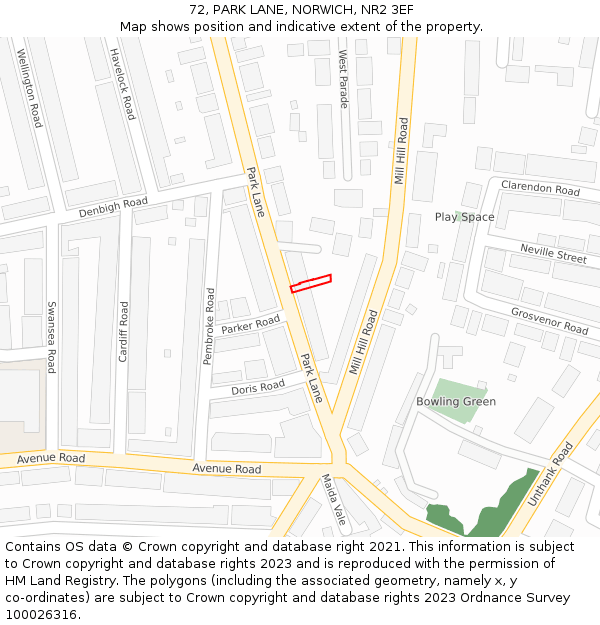 72, PARK LANE, NORWICH, NR2 3EF: Location map and indicative extent of plot