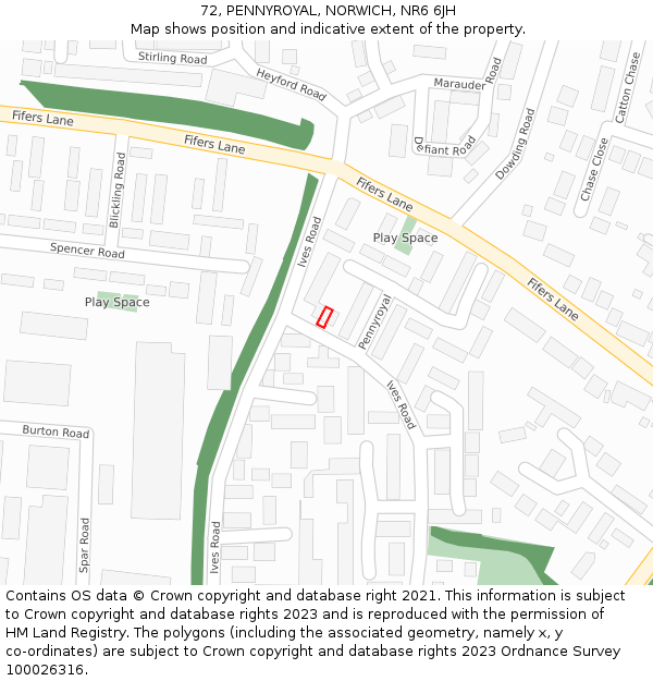 72, PENNYROYAL, NORWICH, NR6 6JH: Location map and indicative extent of plot